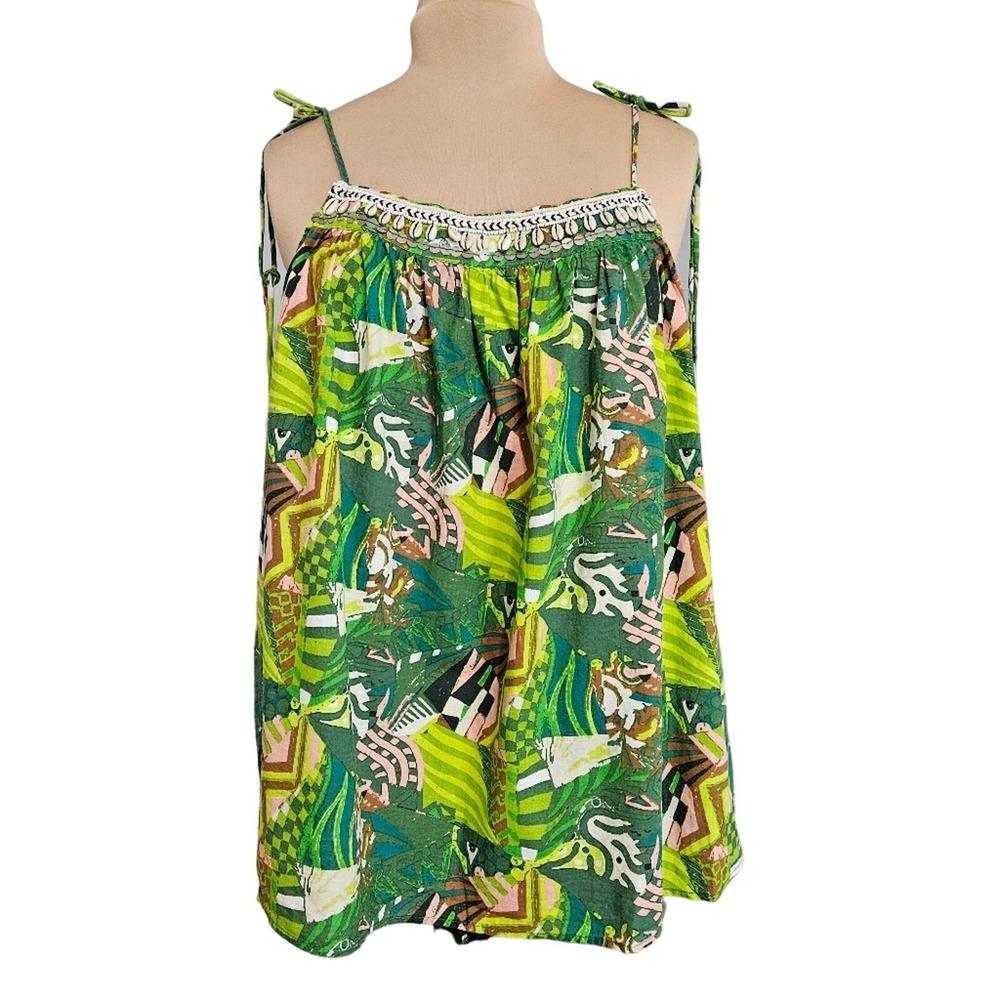 Haute Hippie Top Womens Large Safari 100% Cotton‎ Green Seashell Beaded Bohemian